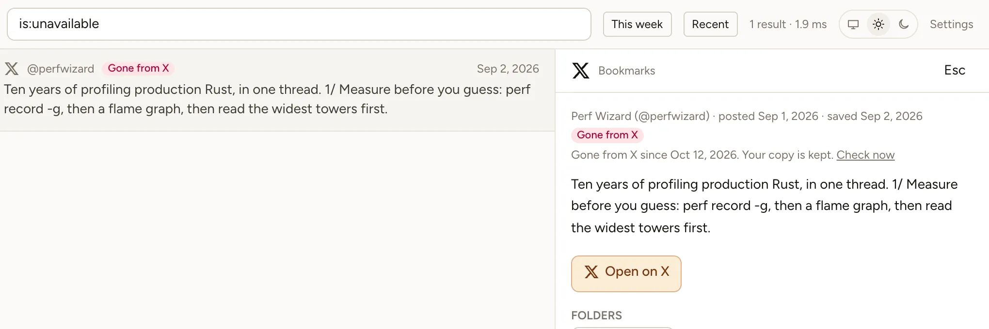 A bookmarked thread marked “Gone from X since Oct 12, 2026. Your copy is kept.” with its full text still on the shelf.