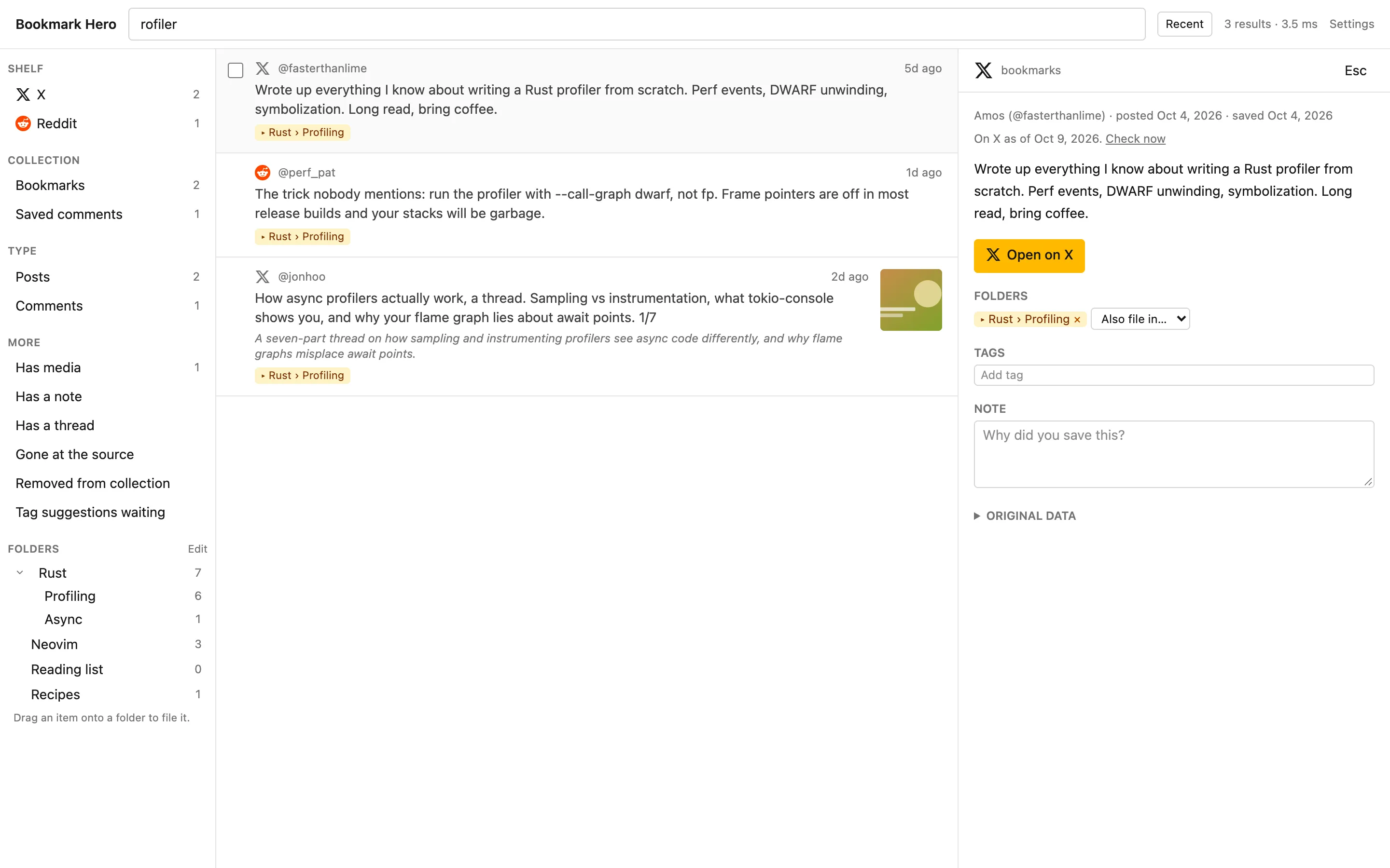 Searching for part of a word finds three items across X and Reddit, with the reading pane open on one of them.