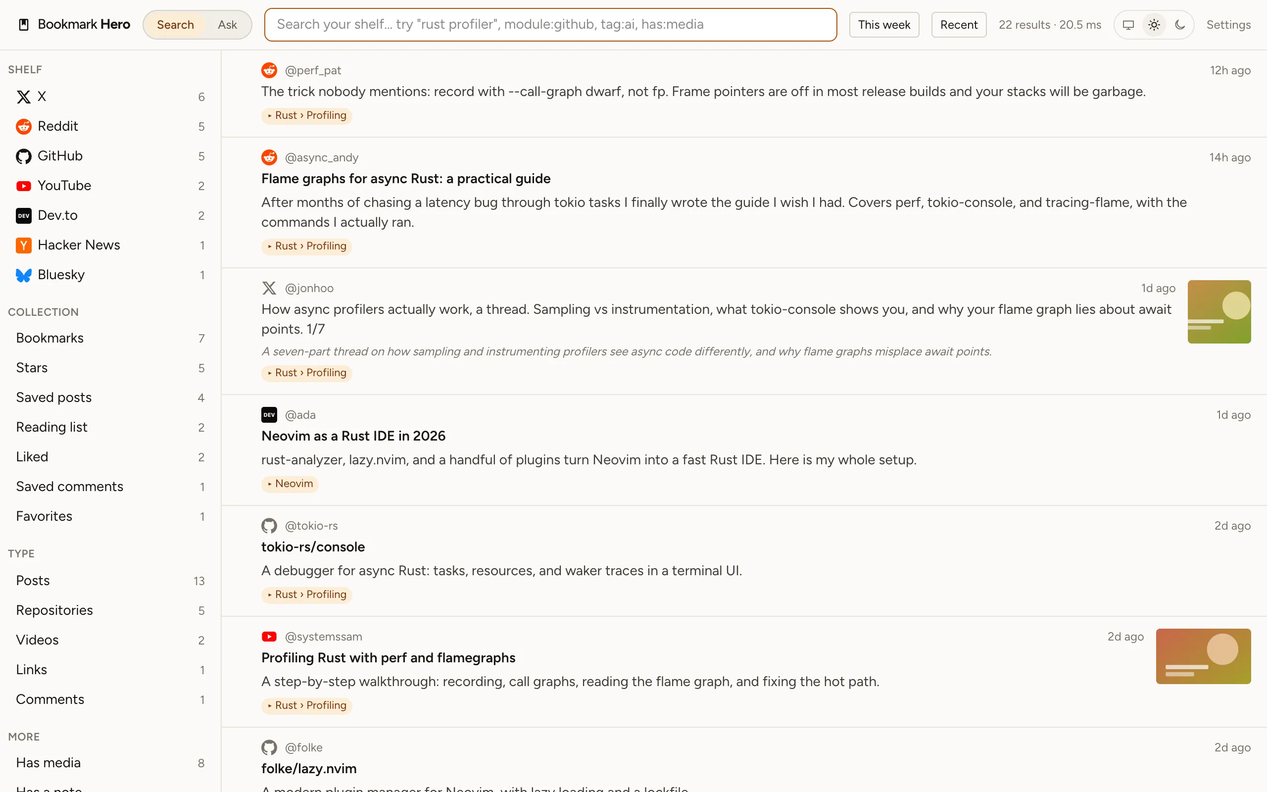 The Bookmark Hero library with saves from X, Reddit, GitHub, YouTube, Dev.to, Hacker News, and Bluesky.
