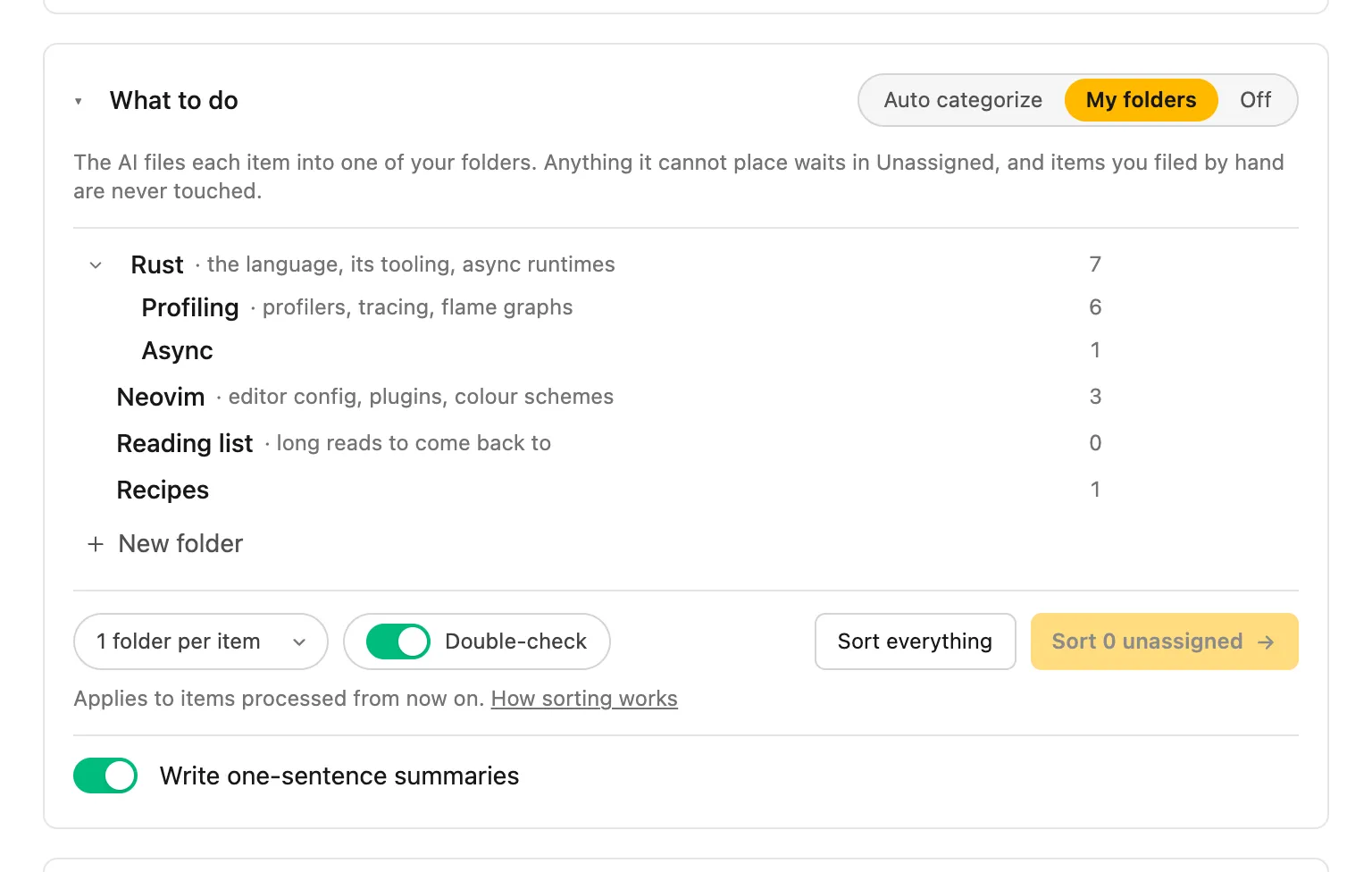 The folder designer: a tree of folders with one-line descriptions, and controls for sorting into them.