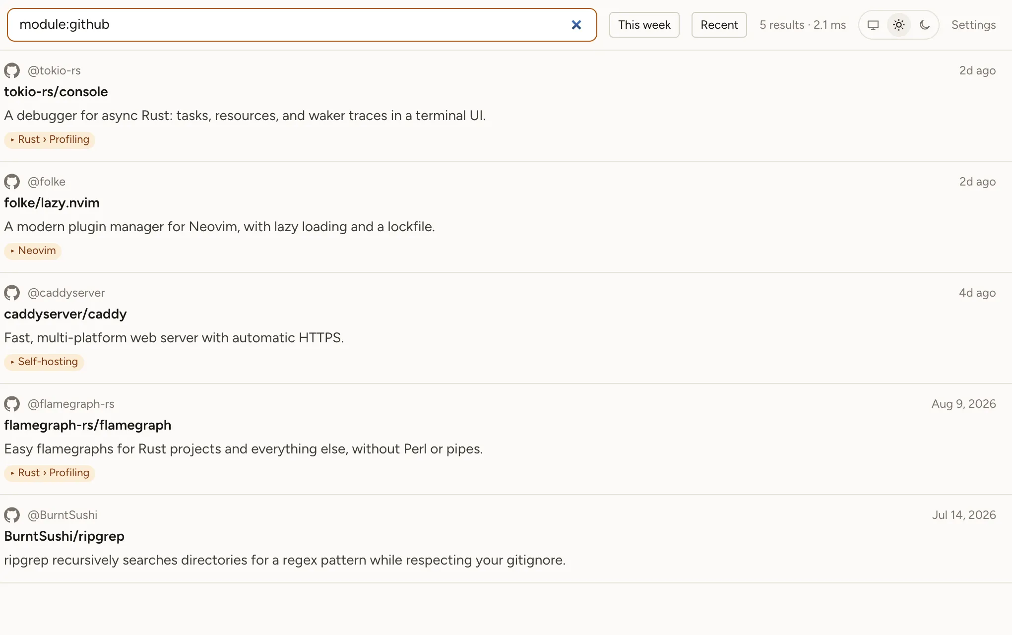 Starred GitHub repositories in the Bookmark Hero library, with descriptions, languages, and folders.