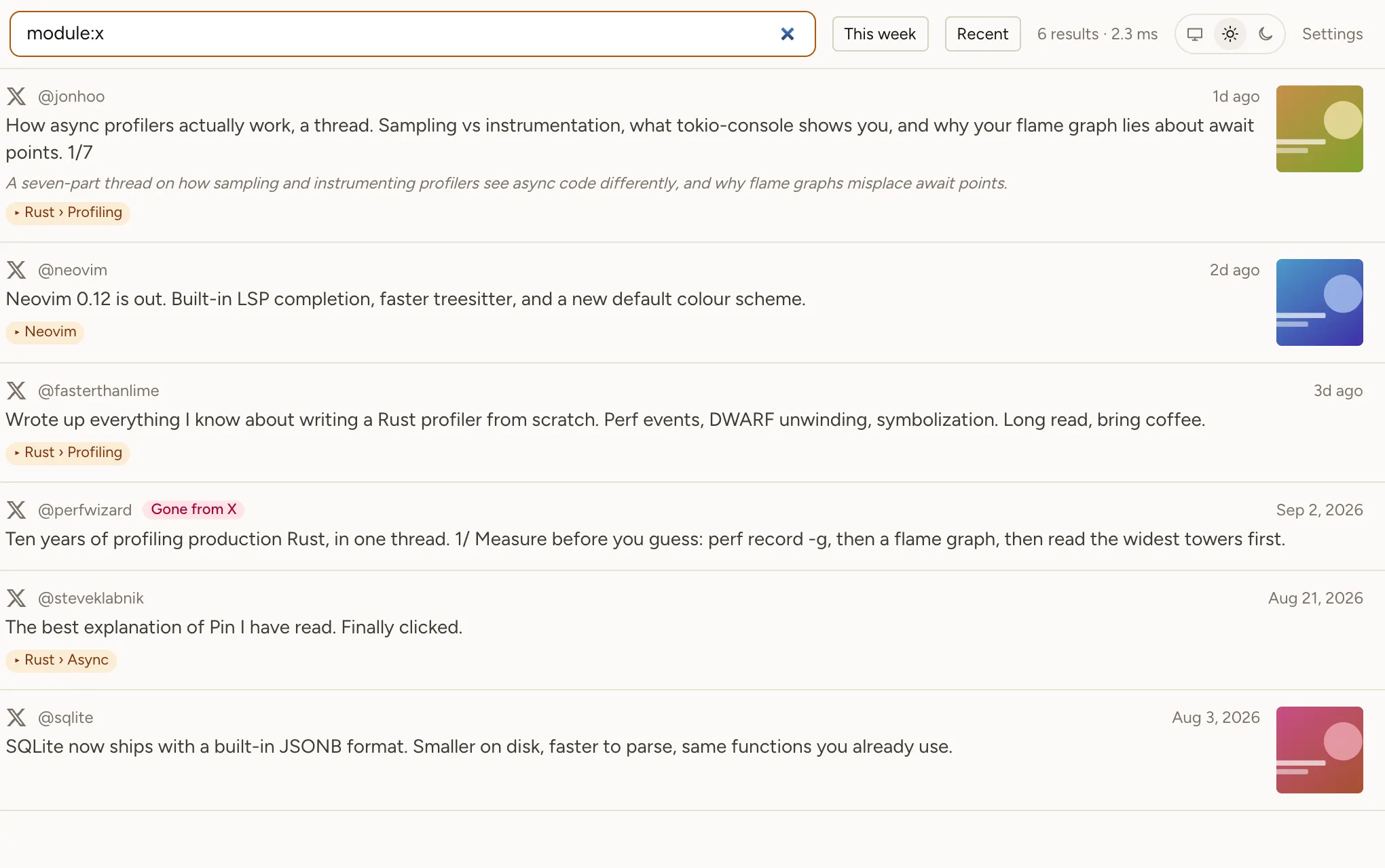 X bookmarks in the Bookmark Hero library, with text, authors, and folders.